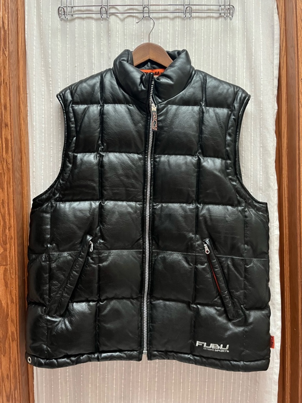 Vtg FUBU Black Quilted Leather Puffer Vest XL Y2K Hip Hop Bubble Grail Coat